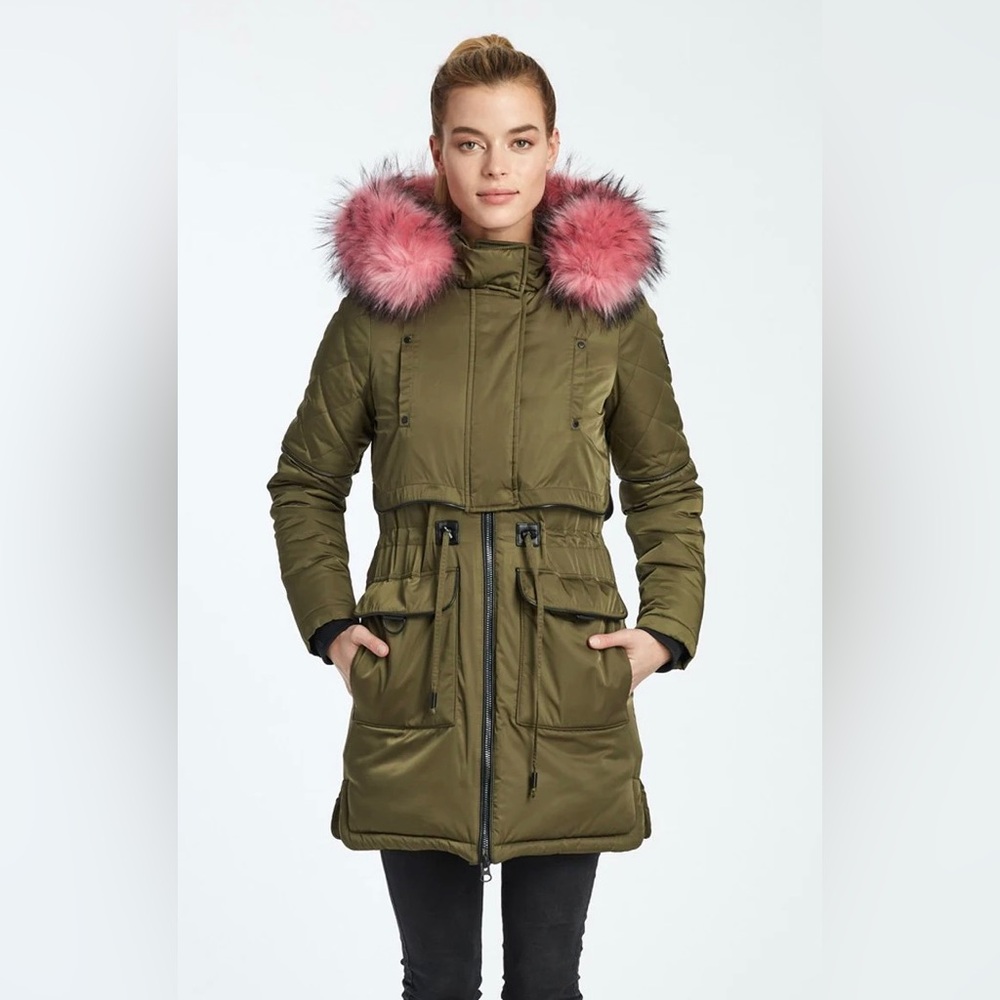 Noize Olive Green Ski Jacket with Pink Fur Trim